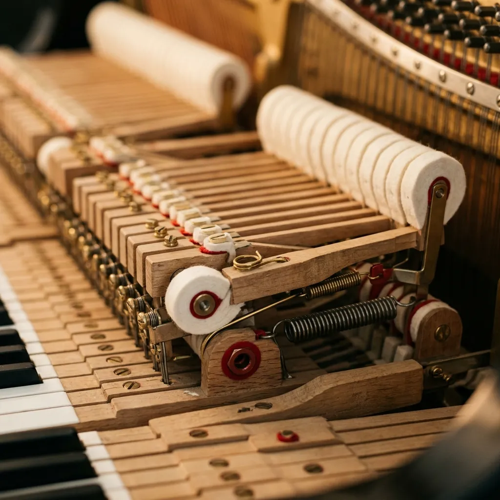 Close up macro shot of the complex mechanical action parts of an acoustic piano