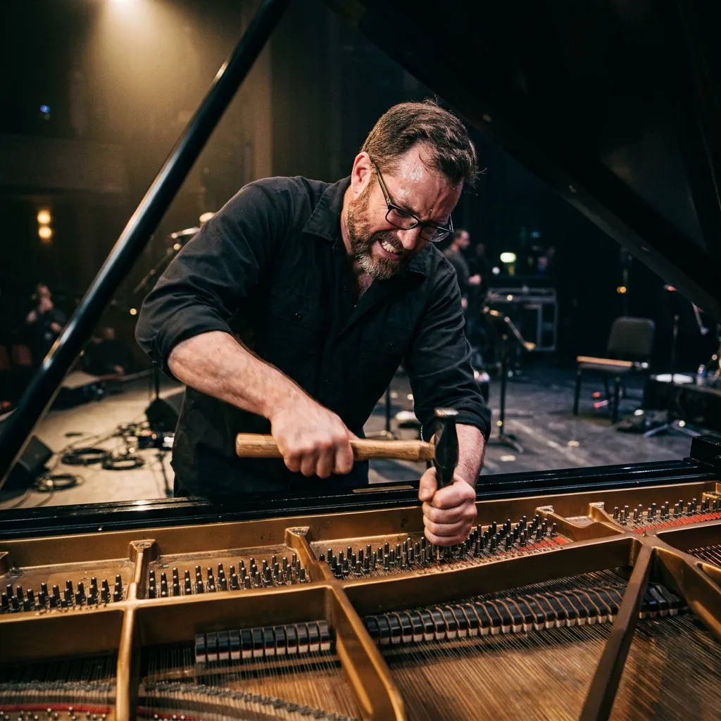 A professional piano technician turning a tuning pin