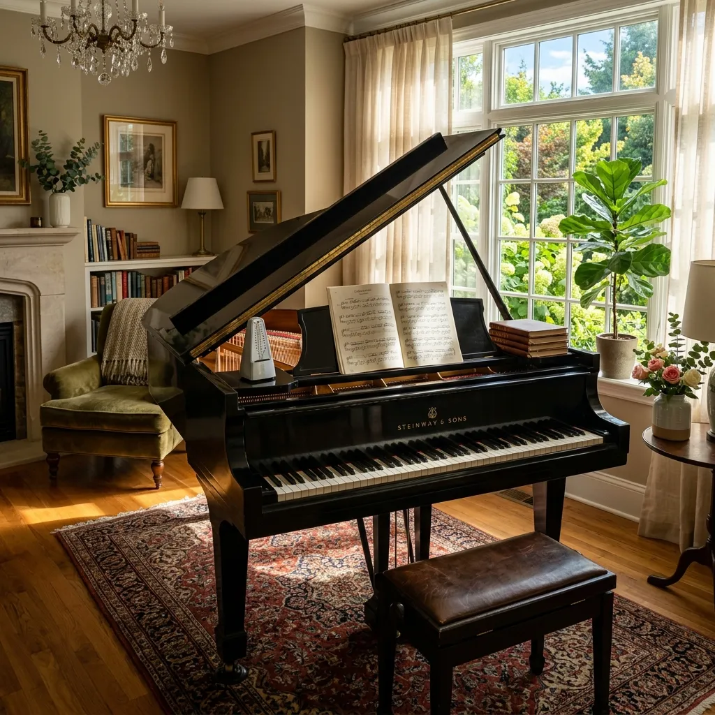 Piano in a well-lit living room