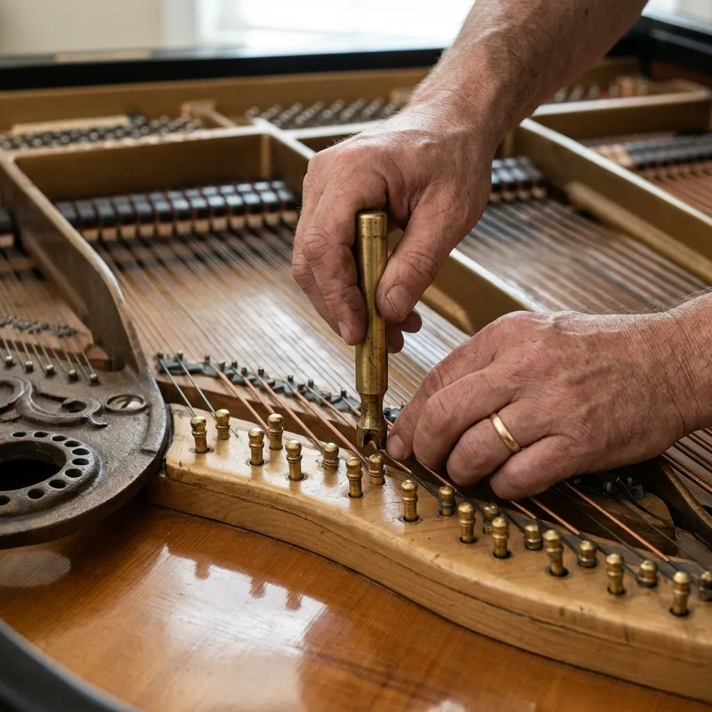 A close up photo of a professional piano technician's hands firmly seating piano strings on the metal bridge using a brass seating tool inside a grand piano.